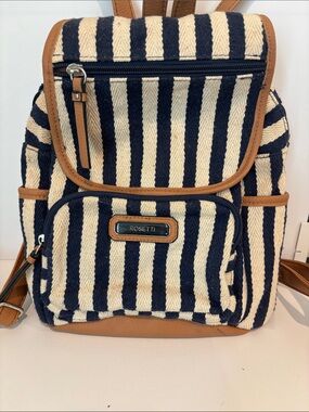 Rosetti Navy and Cream Striped Canvas Backpack with Tan Trim